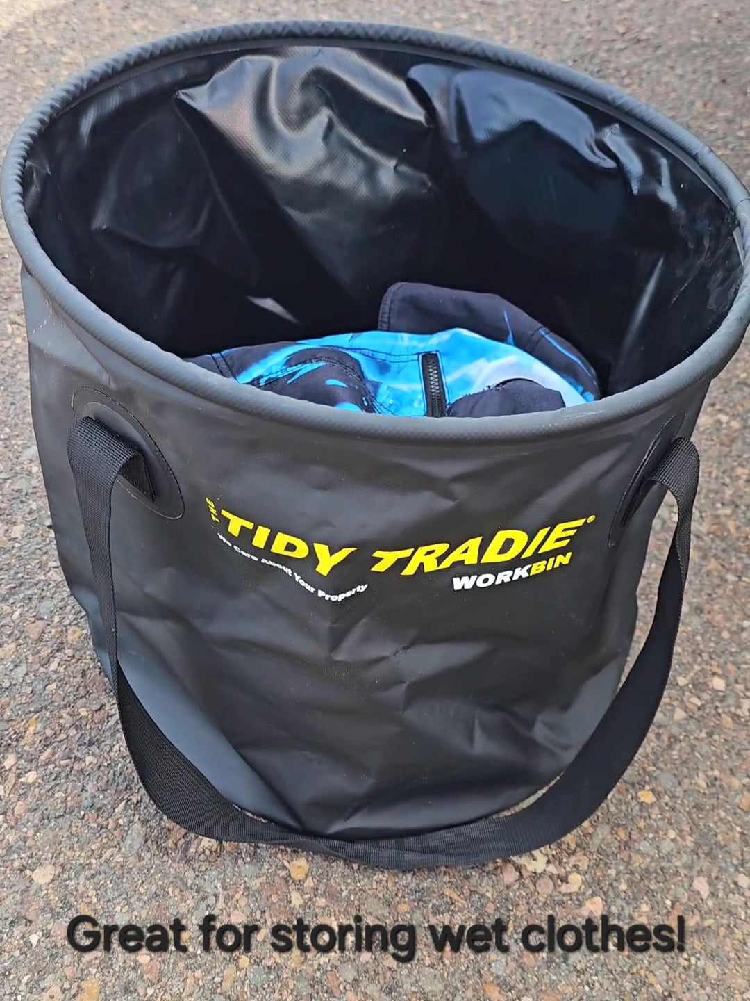 Large 50ltr TIDY TRADIE Work Bin for wet clothing.