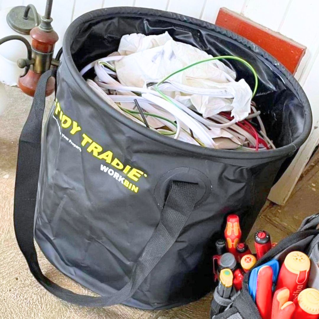 Large 50ltr TIDY TRADIE Work Bin for electricians.