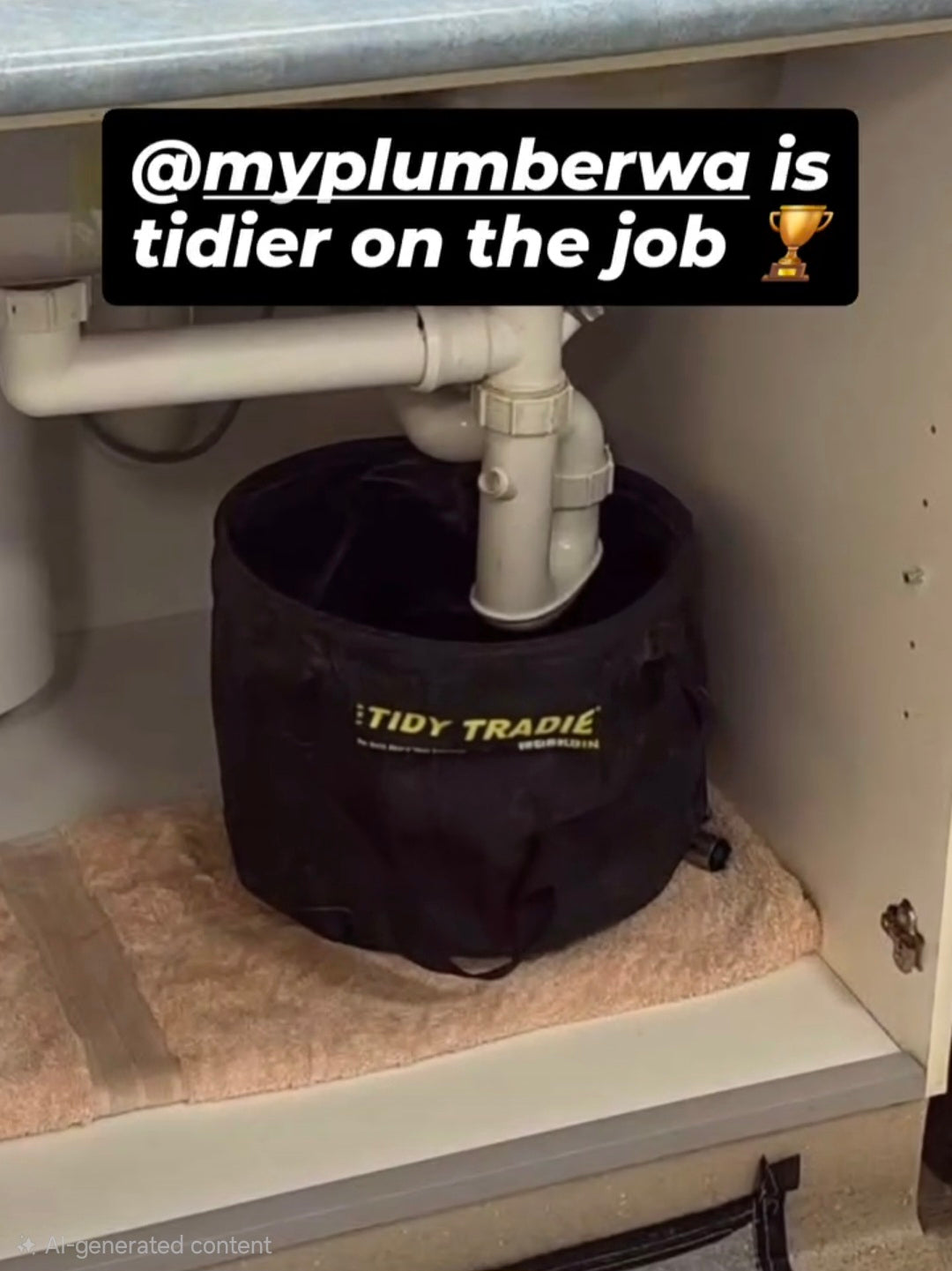 A small Tidy Tradie work bin catching water under a kitchen sink.