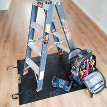 Load image into Gallery viewer, Large size Tidy Tradie Work Mat, used by electricians. Showing ladder and tools on rubber mat

